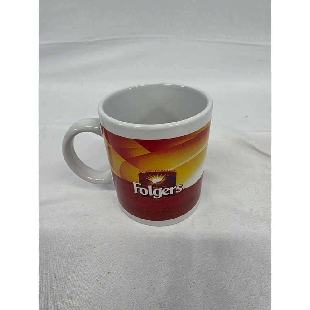 Folgers Coffee Mug Mountain Grown Logo Houston Harvest Red Yellow‎ Ceramic 31746